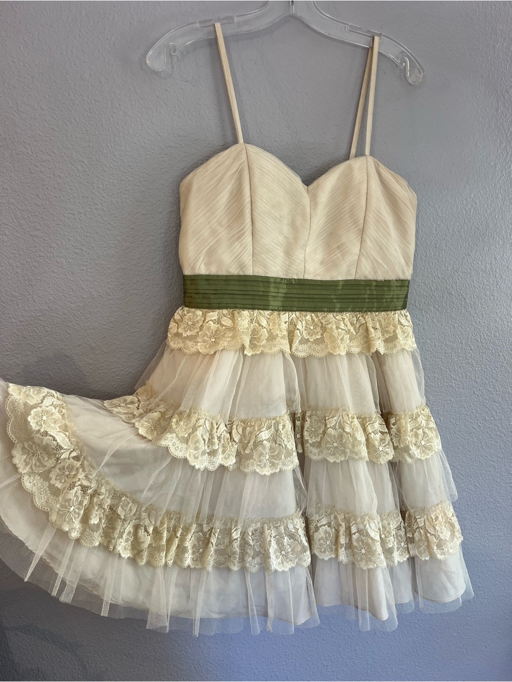 Ivory Lace and Tulle Tiered Tulle Dress with Olive Waistband
